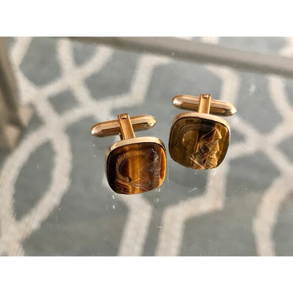 Vintage Lamode 10K Gold Filled, Carved Tigereye Brown Stone Warrior Cufflinks - Picture 3 of 10